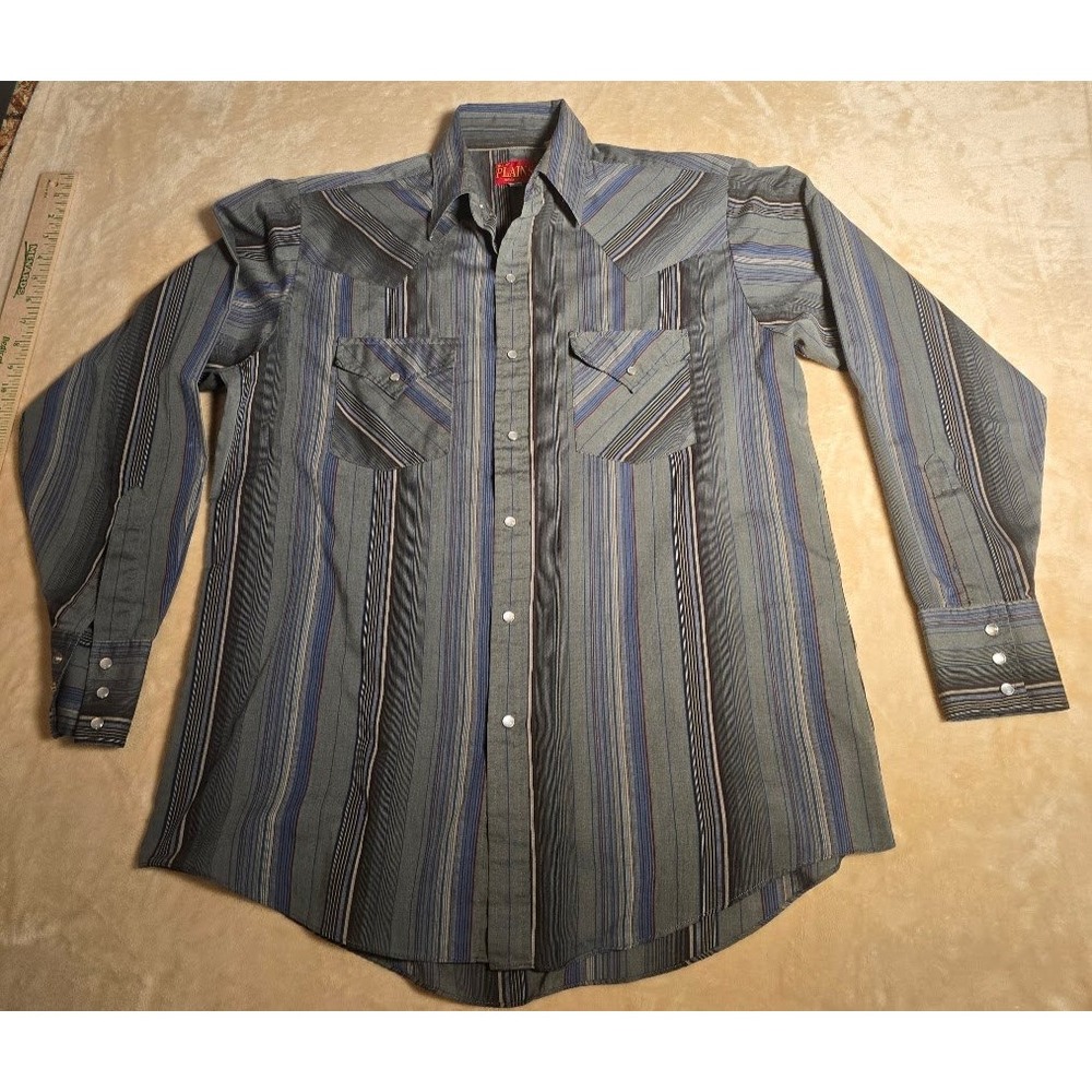 Ely Plains Mens Western Pearl Snap Shirt Medium Blue Grey Striped Long Sleeve